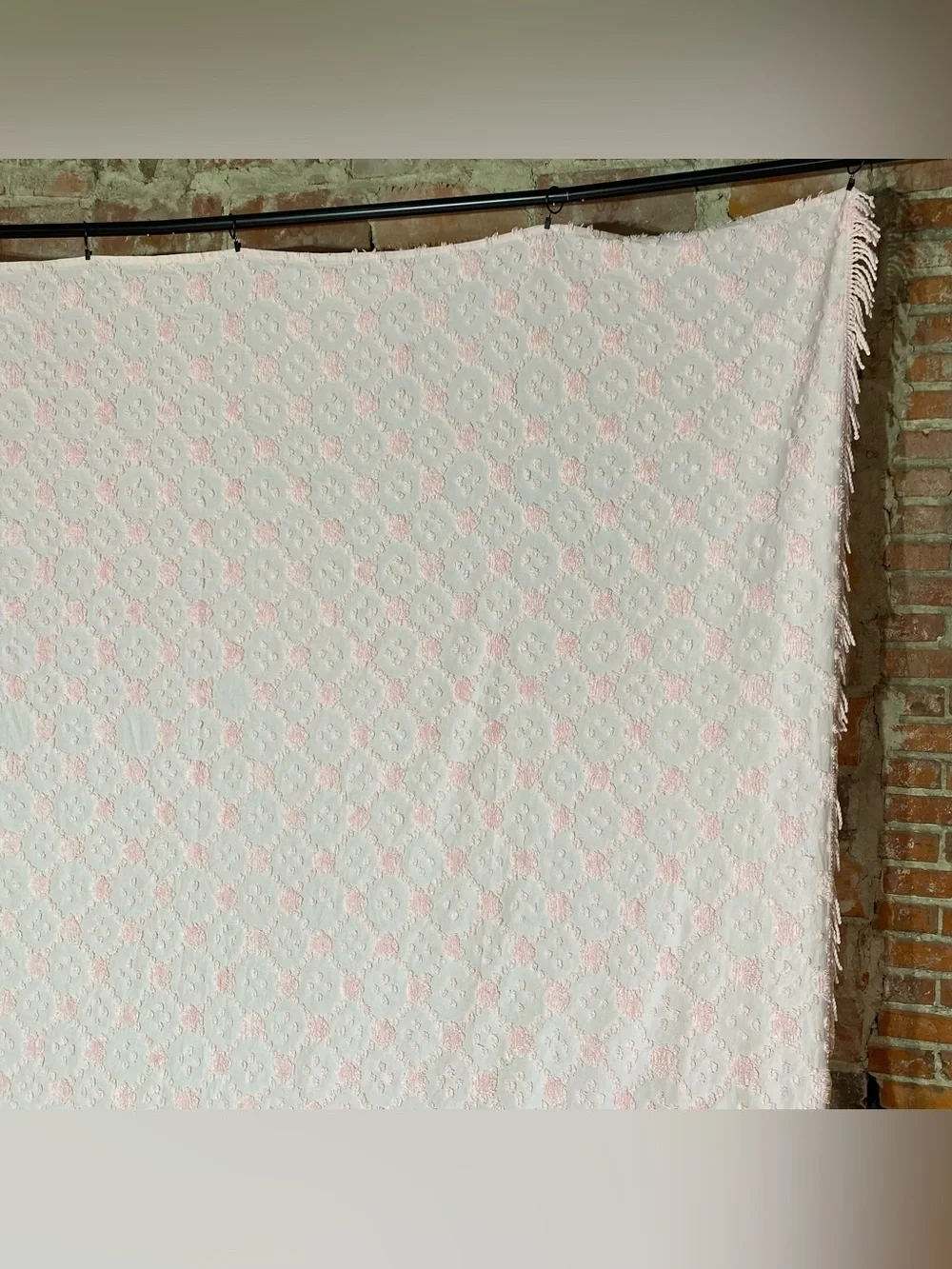 Vintage MCM Pink Chenille Fringe Bedspread Queen 96” x 120”
